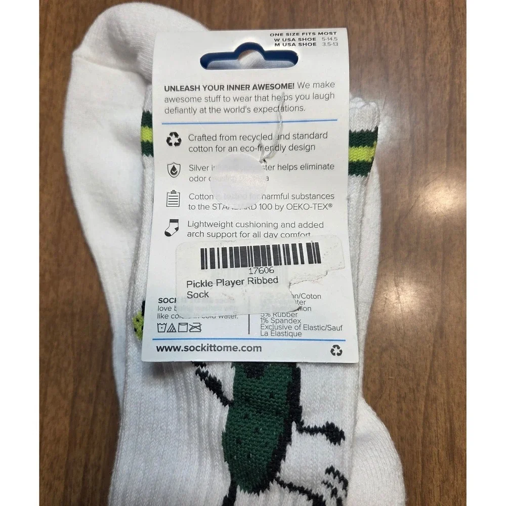 Sock It To Me Pickle Player Athletic Ribbed Crew Socks White Recycled Cotton